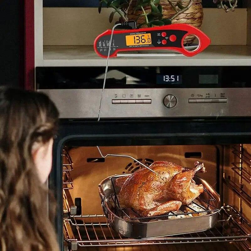 Foldable IP7 digital thermometer with dual probes: for cooking, BBQ, meat, grilling, food kitchen tools.
